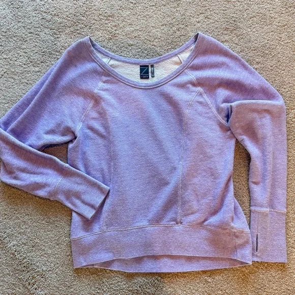 Zella Women's Purple Lavender Hi-Lo Curve Hem Wide Neck Sweatshirt, Medium, EUC - Picture 3 of 4